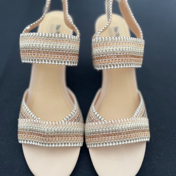 Coach and Four Wedge Heels, Size 8M, Multi-Colored Stretch, 3.5 inch Cork Heel - Picture 3 of 10